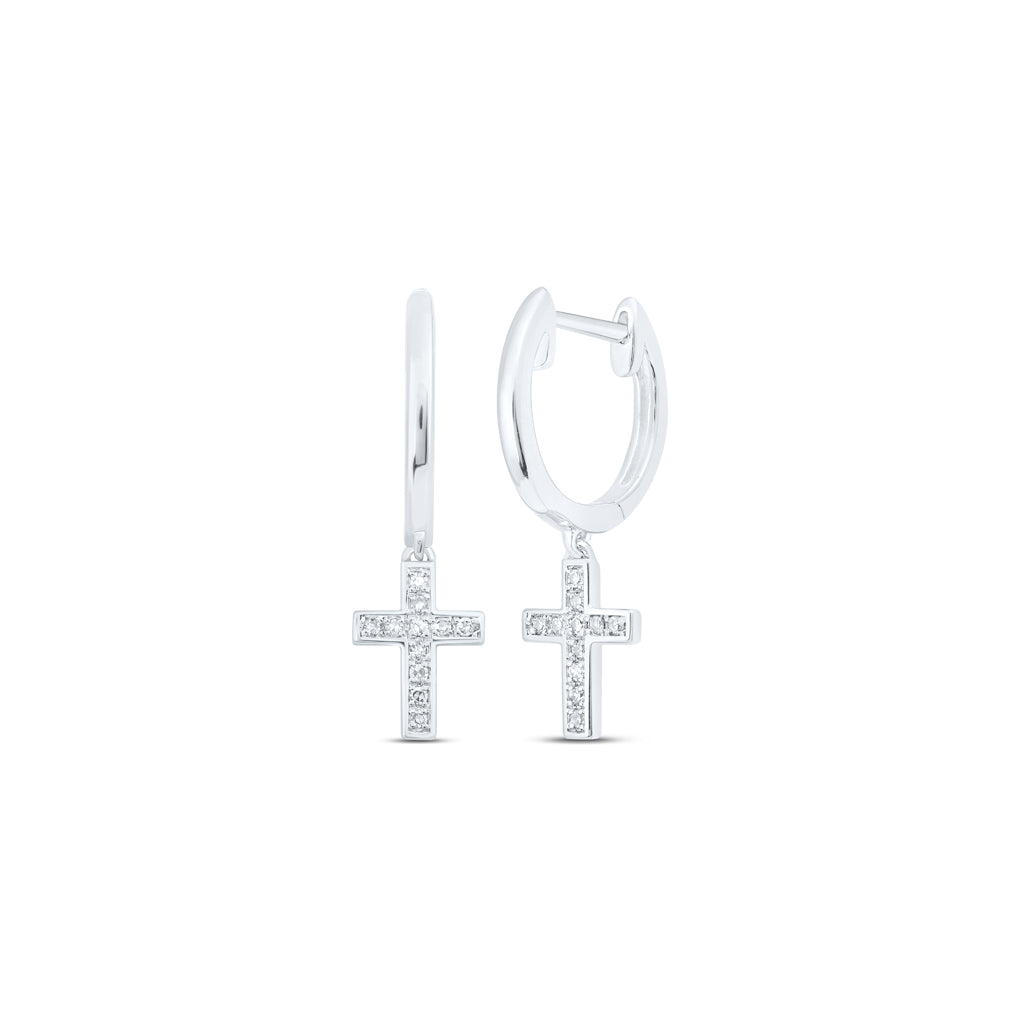 10K White Or Yellow Gold Womens Round Diamond Cross Dangle Earrings