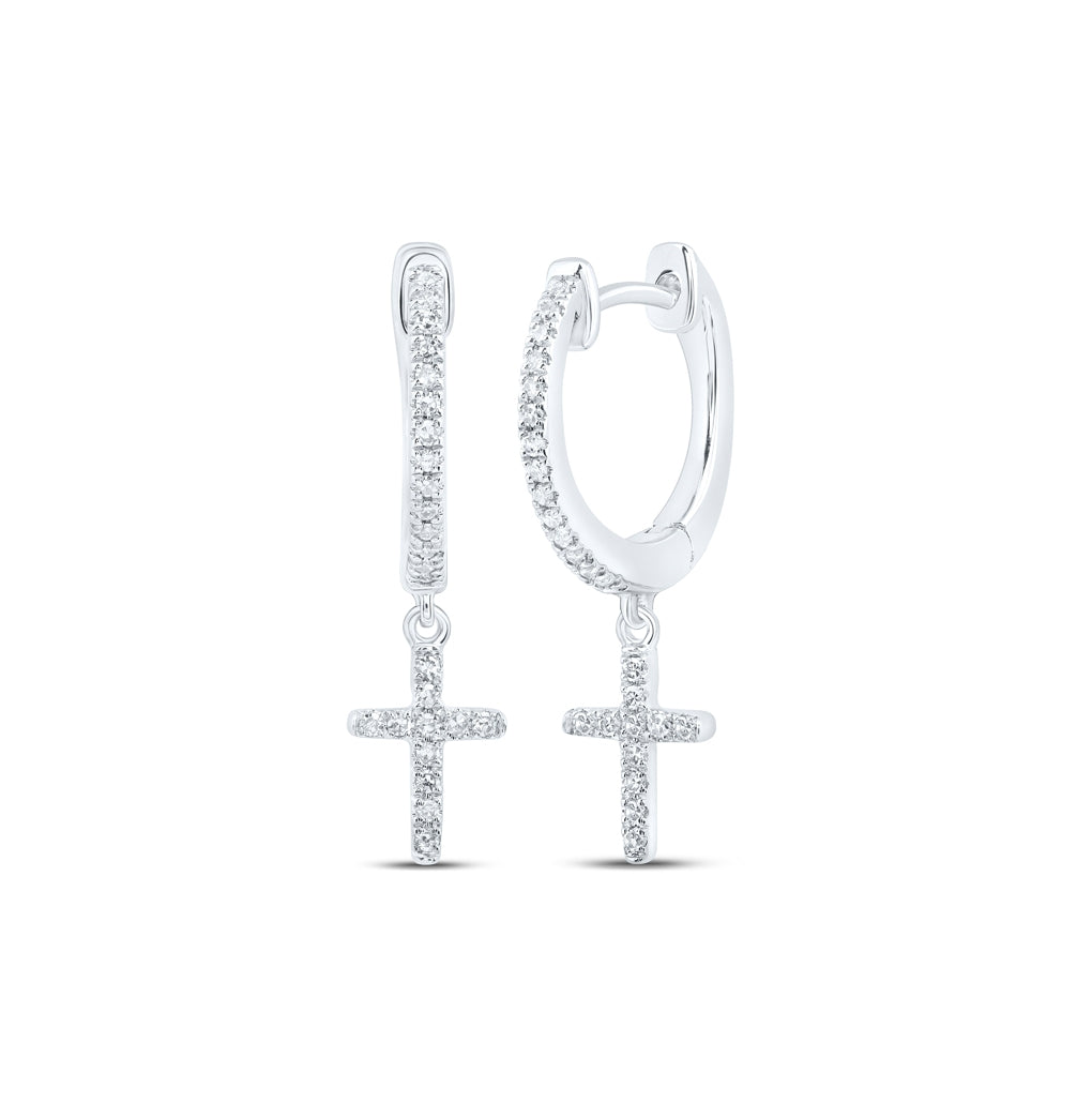 10K White Or Yellow Gold Womens Round Diamond Cross Dangle Earrings