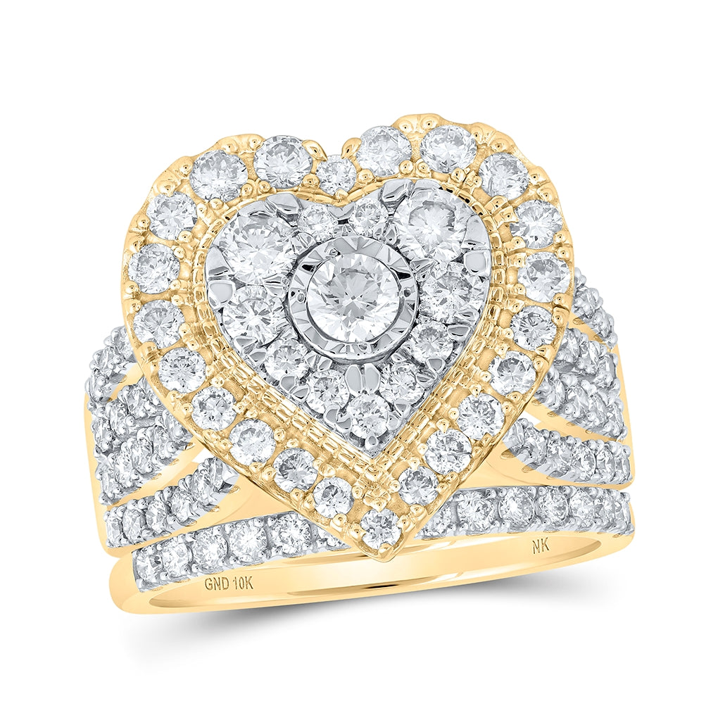 10K Yellow Gold Round Diamond Heart Bridal Wedding Ring Band Set 2ctw, Womens Size: 5-10