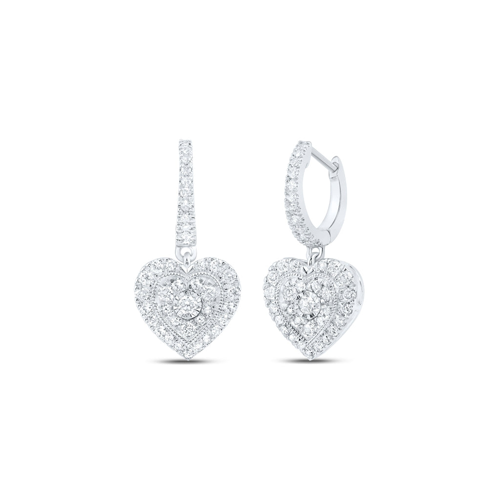 10K Yellow Or White Or Rose Gold Womens Round Diamond Heart Dangle Earrings