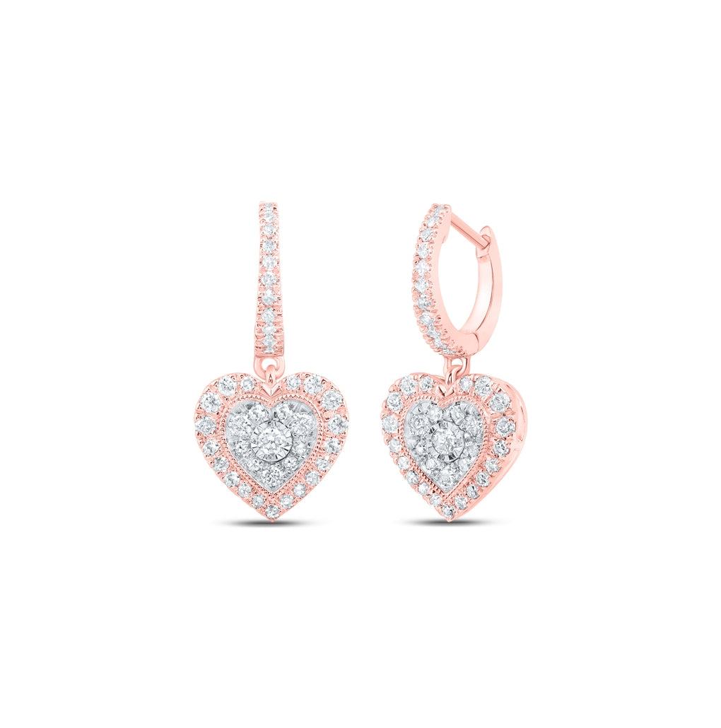 10K Yellow Or White Or Rose Gold Womens Round Diamond Heart Dangle Earrings