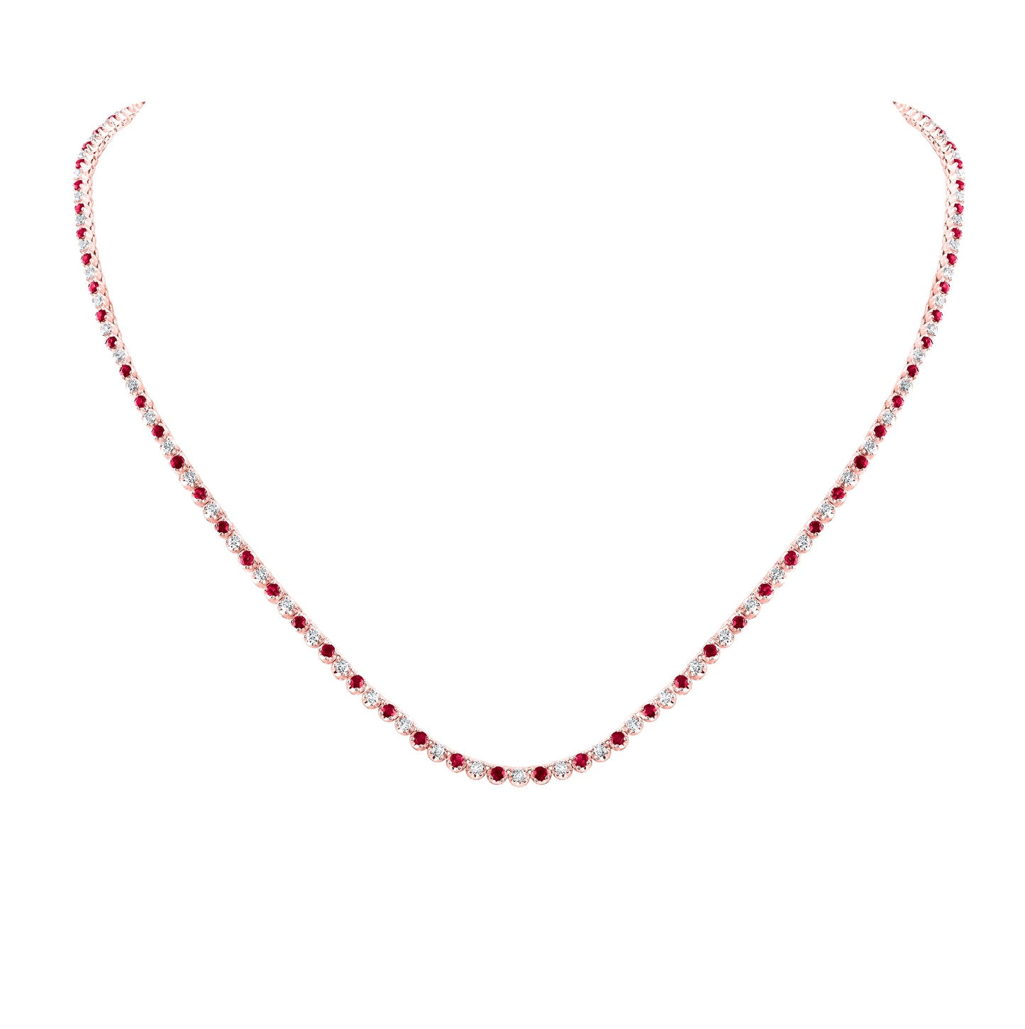 14K Rose Gold Womens Round Ruby Diamond Tennis Necklace 5-5/8 Cttw