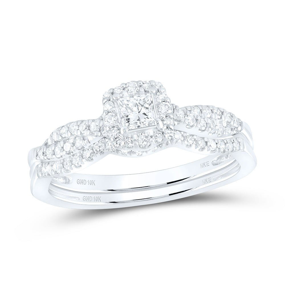 10K White Or Yellow Gold Princess Diamond Halo Bridal Wedding Ring Band Set , Womens Size: 5-10