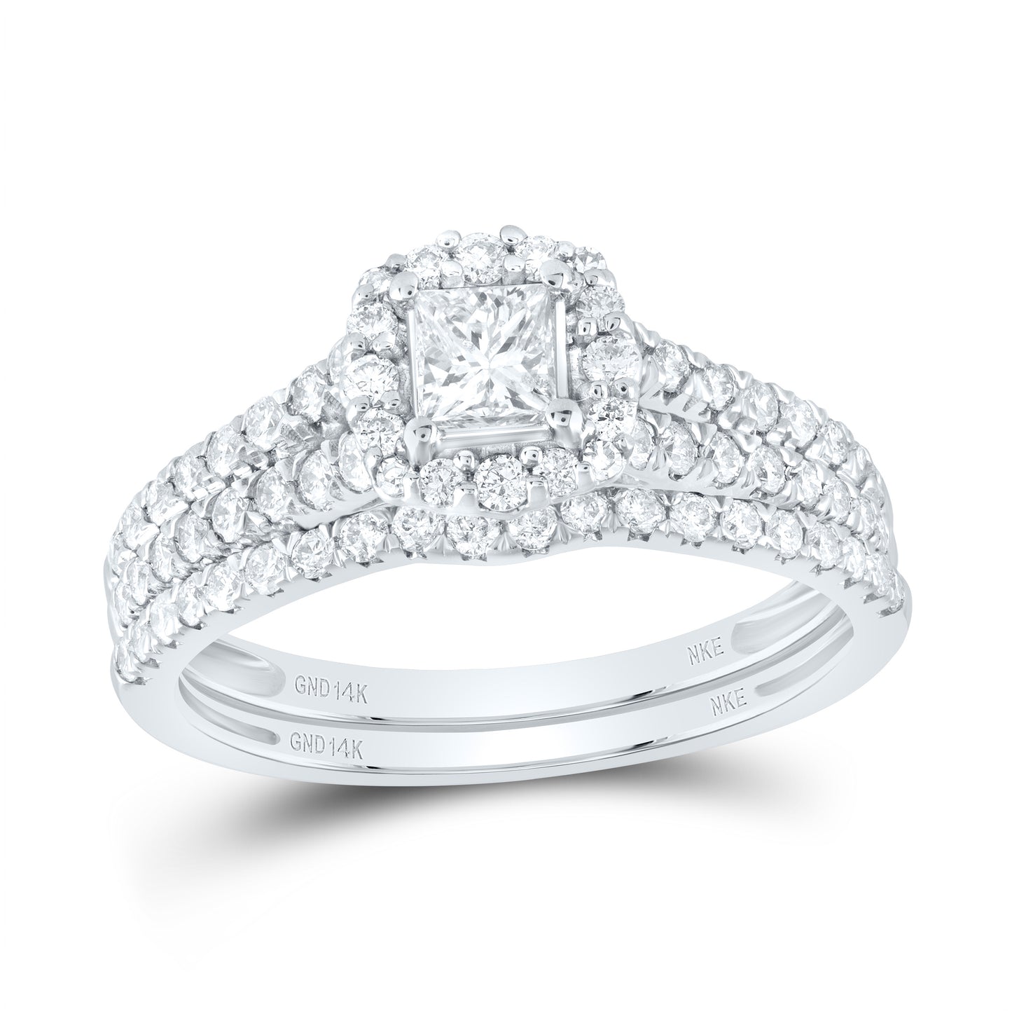 14K White Gold Princess Dia. Halo Bridal Wedding Band Set 1ctw, Women's Size: 5-10