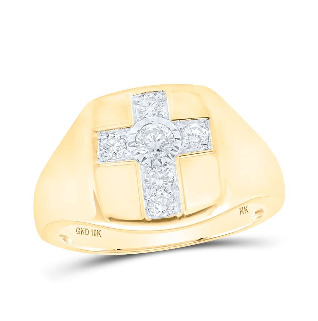 10K Yellow Gold Mens Round Diamond Cross Ring 1/2 Cttw, Mens Size: 7-13