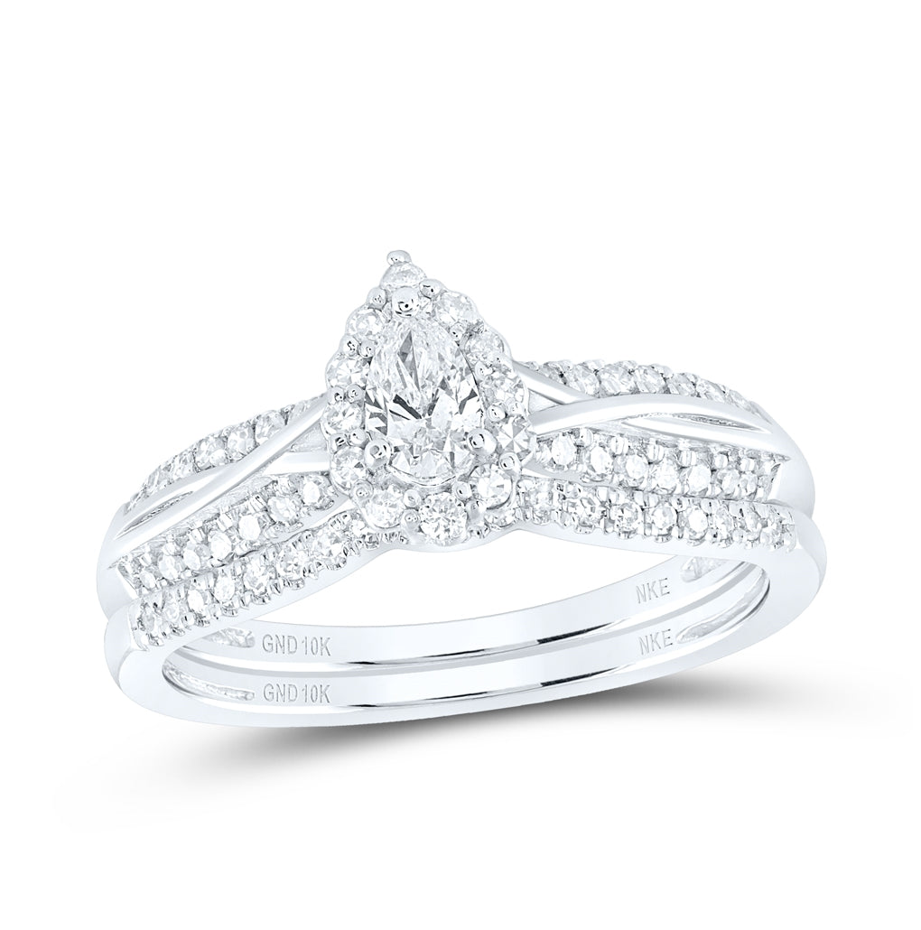 10K White Gold Pear Diamond Halo Bridal Wedding Ring Band Set 1/2ctw, Women's Size: 5-10