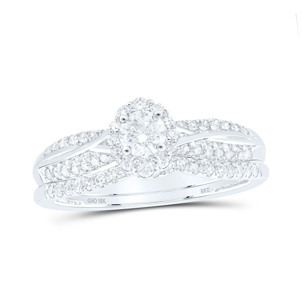 10K White Or Yellow Gold Round Diamond Halo Bridal Wedding Ring Band Set , Womens Size: 5-10