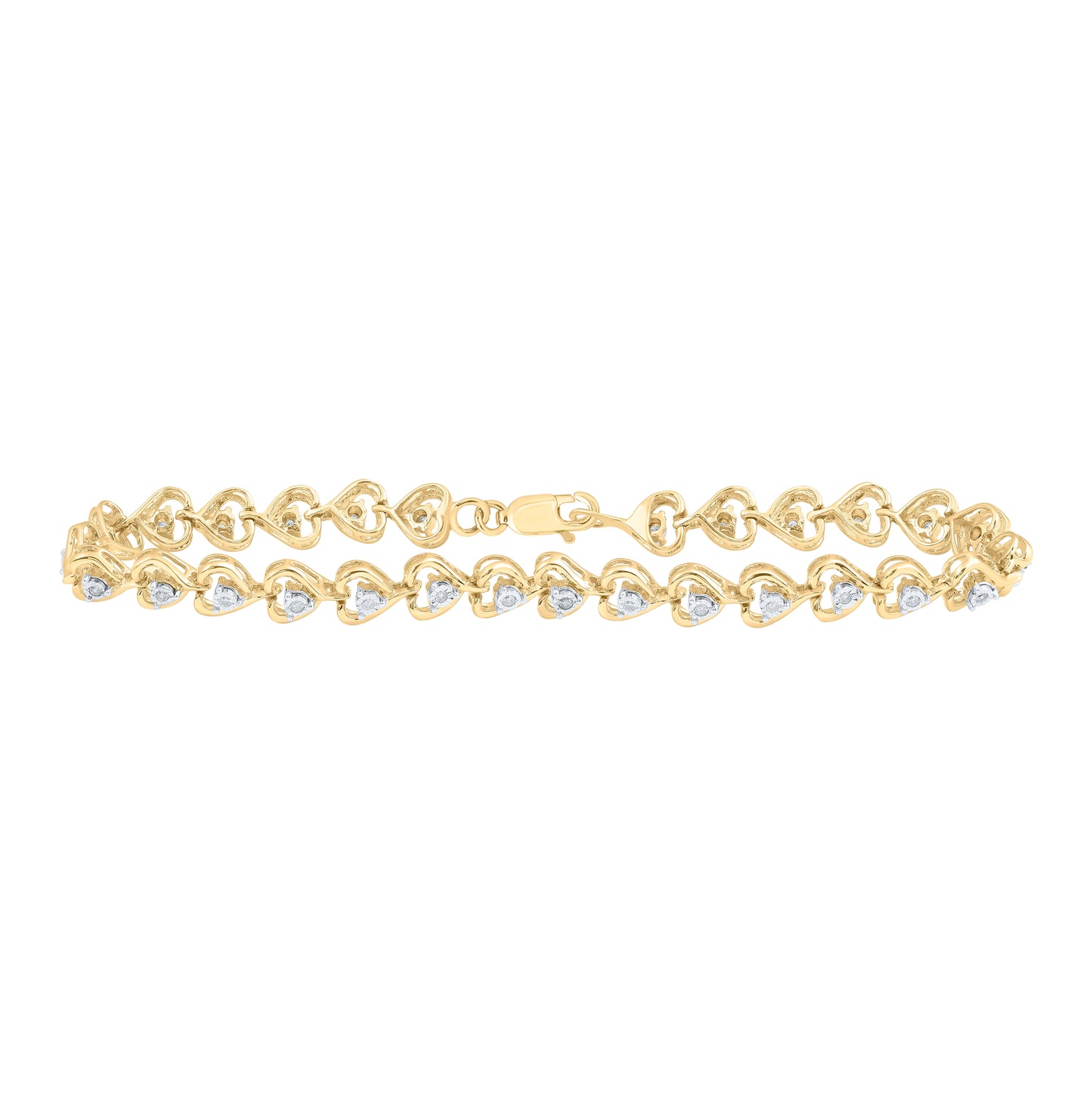 10K Yellow Gold Womens Round Diamond Heart Bracelet 1/4ctw