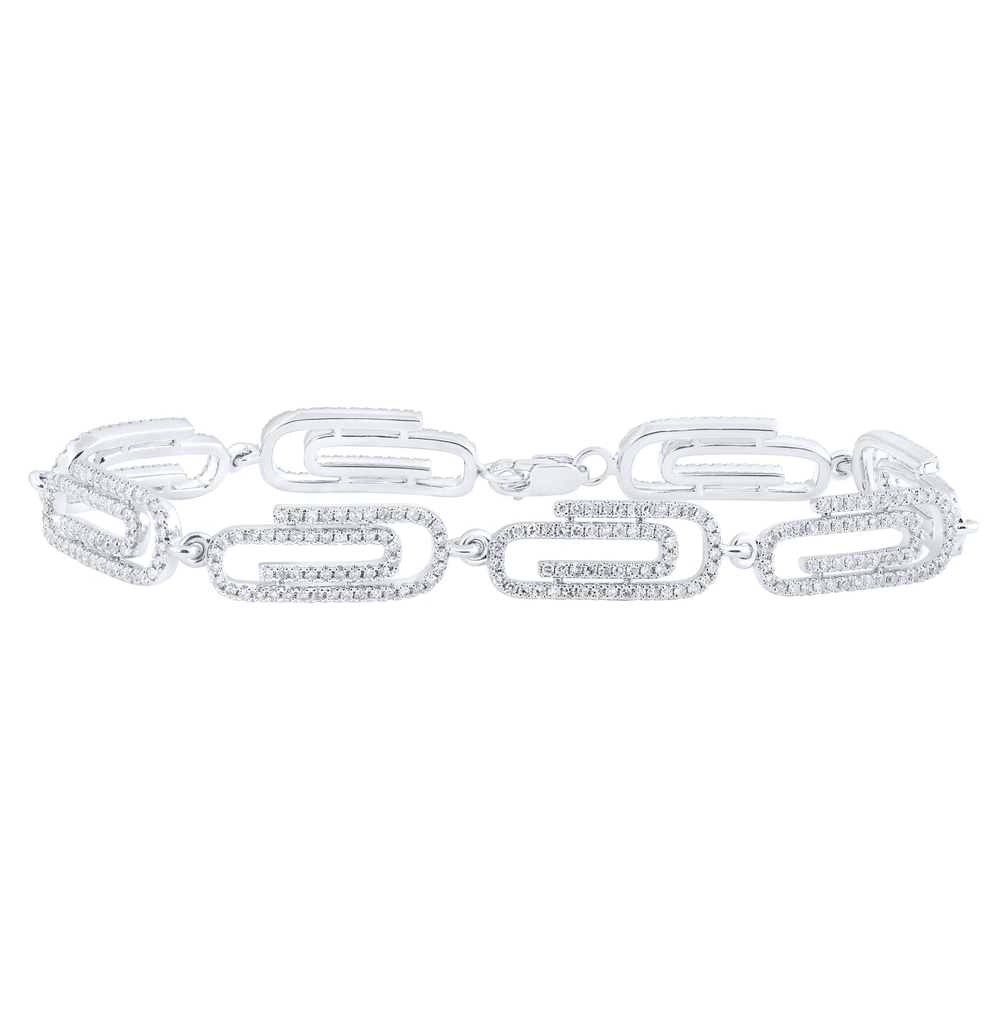 14K White Gold Womens Round Diamond Paper Clip Fashion Bracelet 1-7/8 Cttw