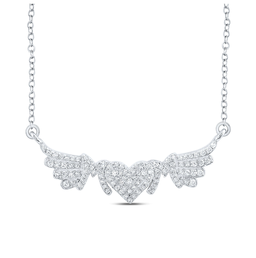 Sterling Silver Womens Round Diamond 18-inch Heart Wing Mom Necklace 1/4 Cttw