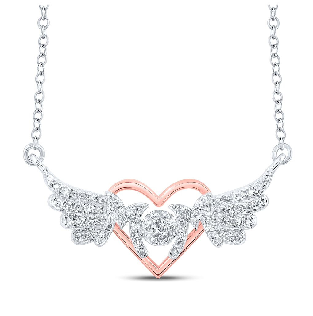Sterling Silver Womens Round Diamond 18-inch Heart Wing Mom Necklace 1/5 Cttw