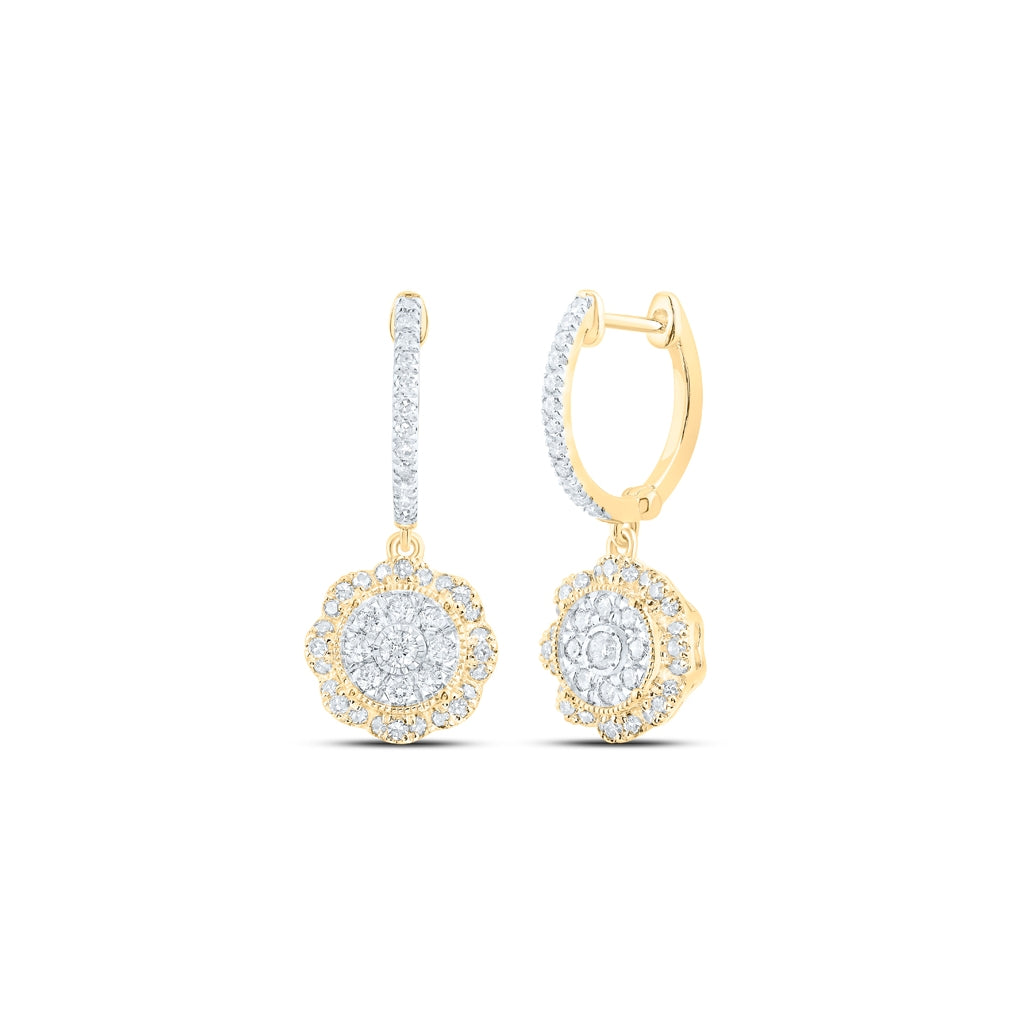 10K Yellow Or White Or Rose Gold Womens Round Diamond Hoop Dangle Earrings
