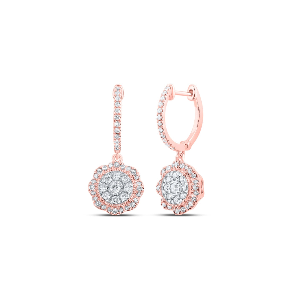 10K Yellow Or White Or Rose Gold Womens Round Diamond Hoop Dangle Earrings