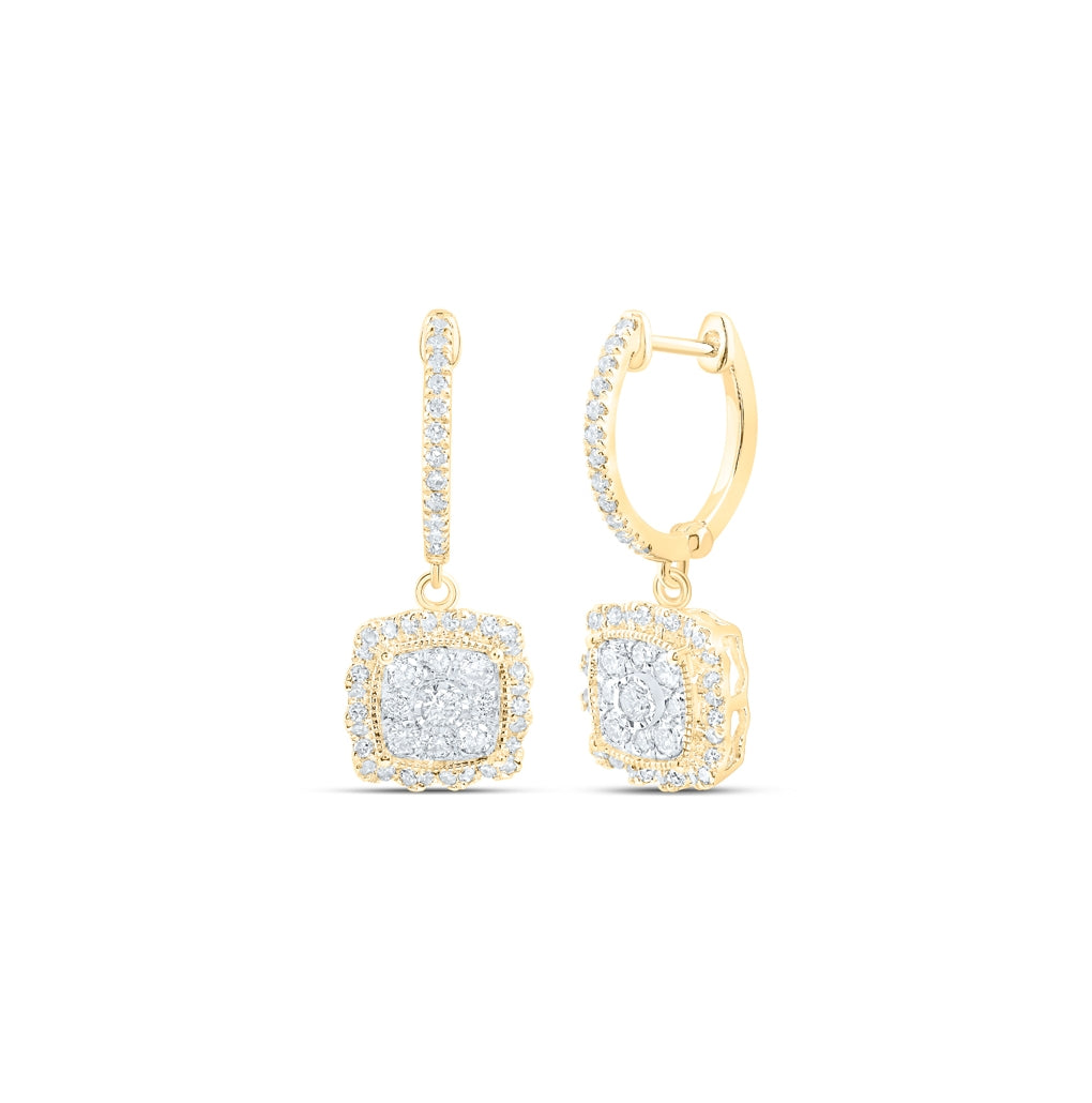 10K Yellow Or White Or Rose Gold Womens Round Diamond Hoop Square Dangle Earrings