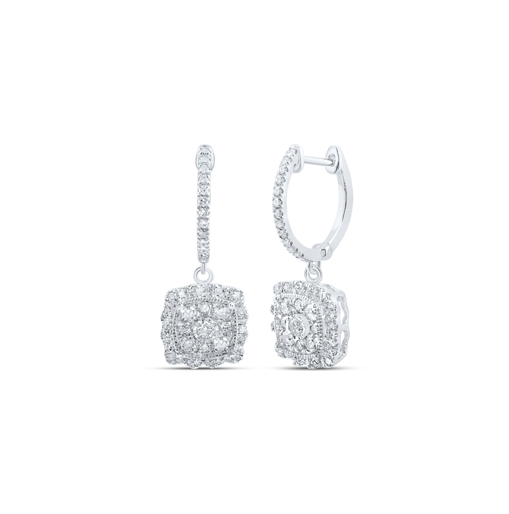 10K Yellow Or White Or Rose Gold Womens Round Diamond Hoop Square Dangle Earrings