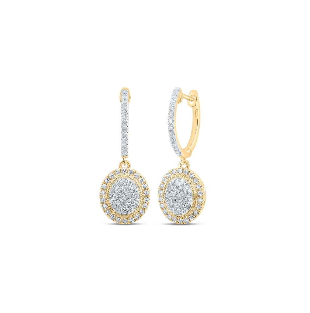 10K Yellow Or White Or Rose Gold Womens Round Diamond Hoop Oval Dangle Earrings