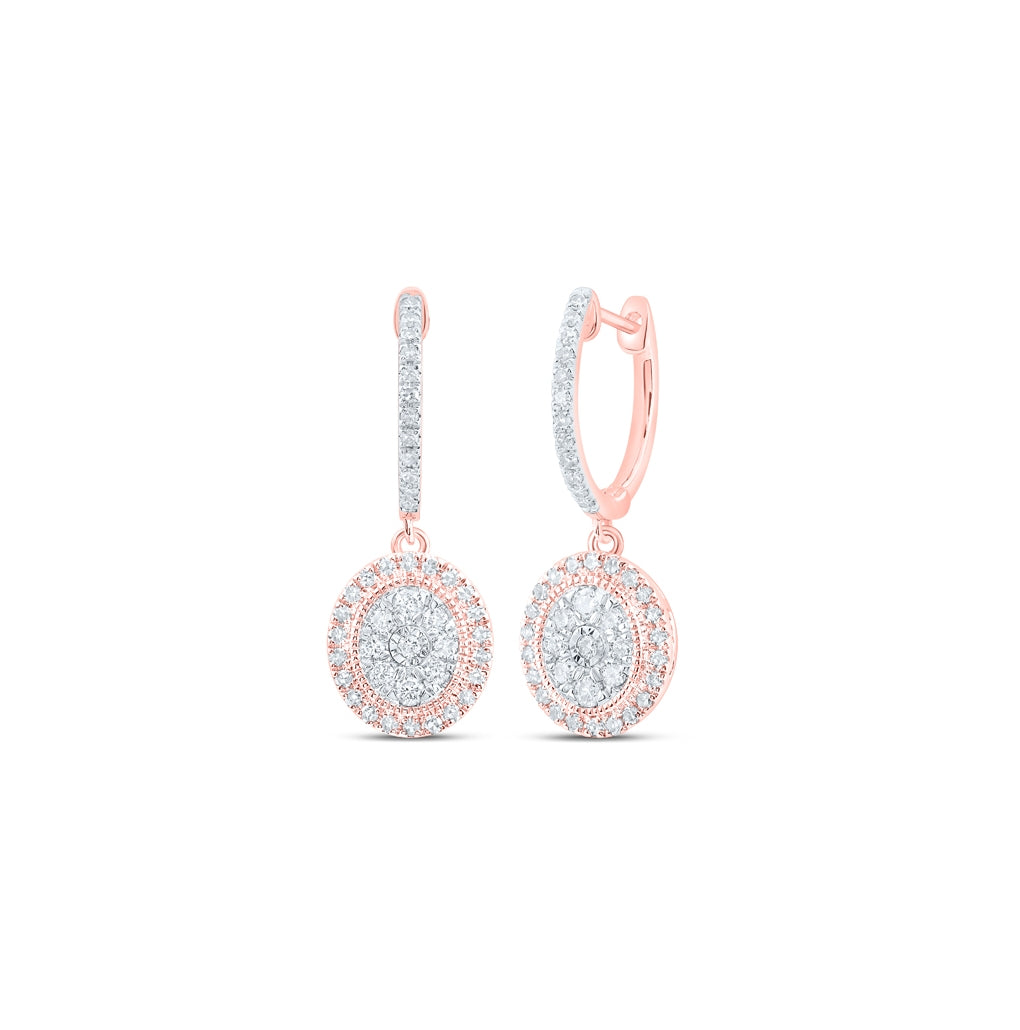 10K Yellow Or White Or Rose Gold Womens Round Diamond Hoop Oval Dangle Earrings