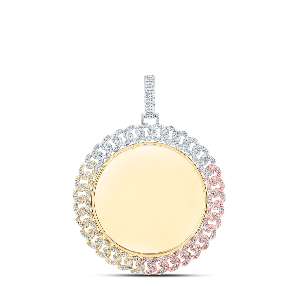 10K Tri-Tone Gold Mens Round Diamond Memory Circle Charm Pendant 2 Cttw