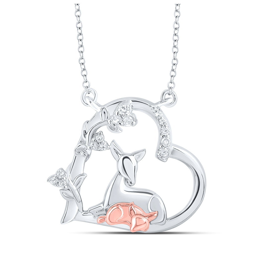 Sterling Silver Womens Round Diamond Deer Fawn Heart Necklace 1/10 Cttw