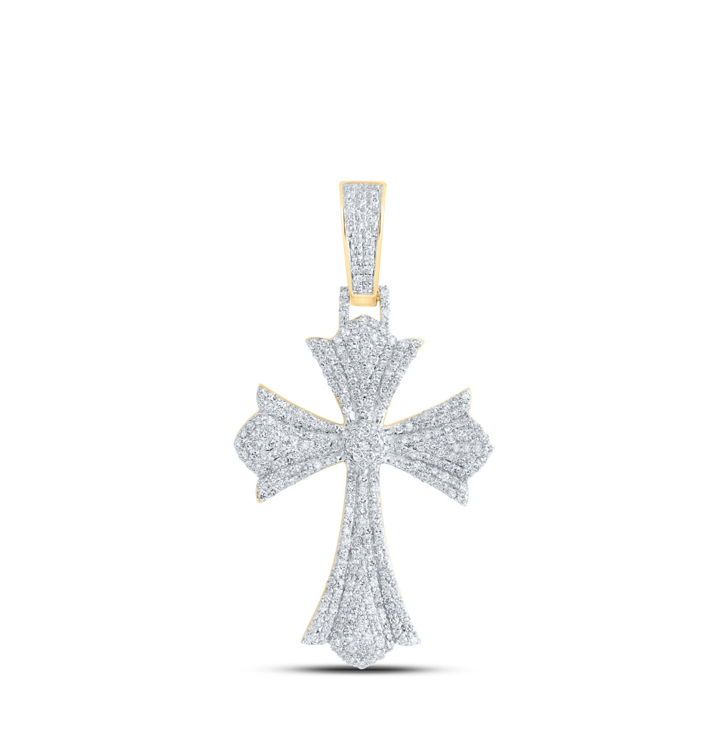 10K Yellow Gold Mens Round Diamond Cross Charm Pendant 1-1/3 Cttw