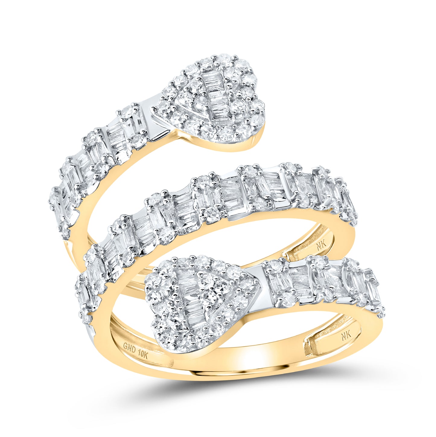 10K Yellow Gold Womens Round Diamond Heart Spiral Cuff Band Ring 1 Cttw, Womens Size: 5-10