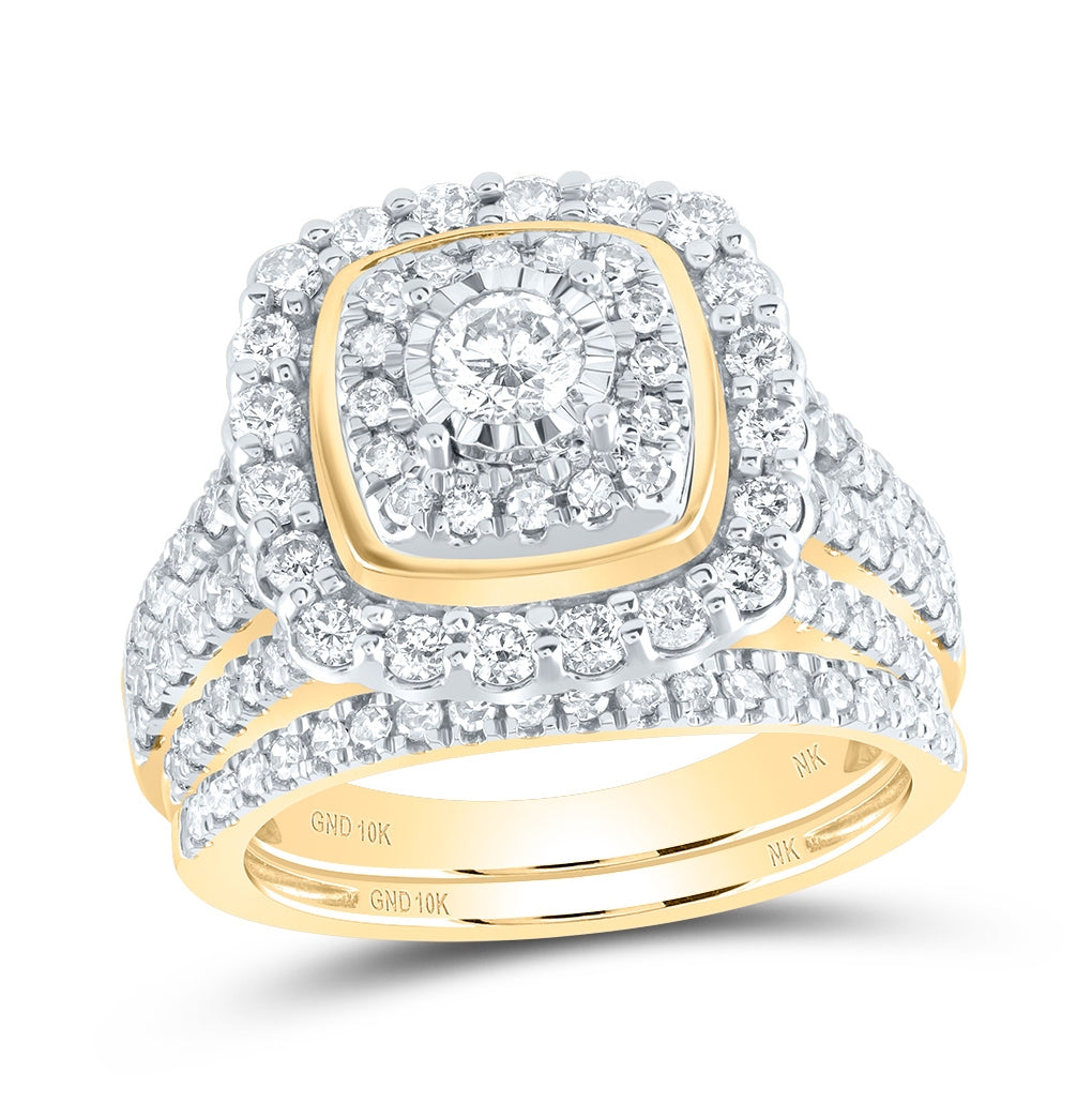 10K White Or Yellow Gold Round Diamond Square Halo Bridal Wedding Ring Band Set, Womens Size: 5-10