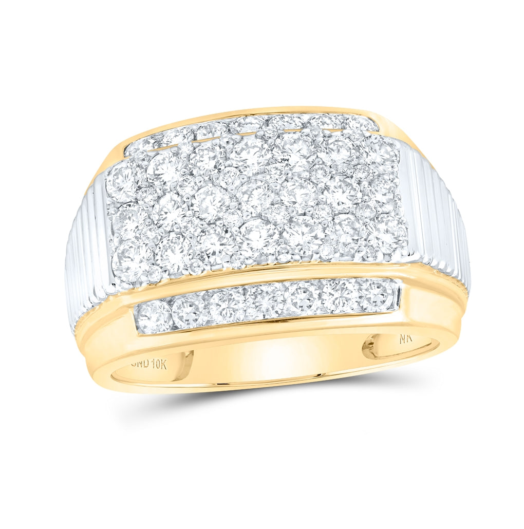 10K Yellow Or White Gold Mens Round Diamond Ribbed Pave Band Ring 2 Cttw, Mens Size: 7-13