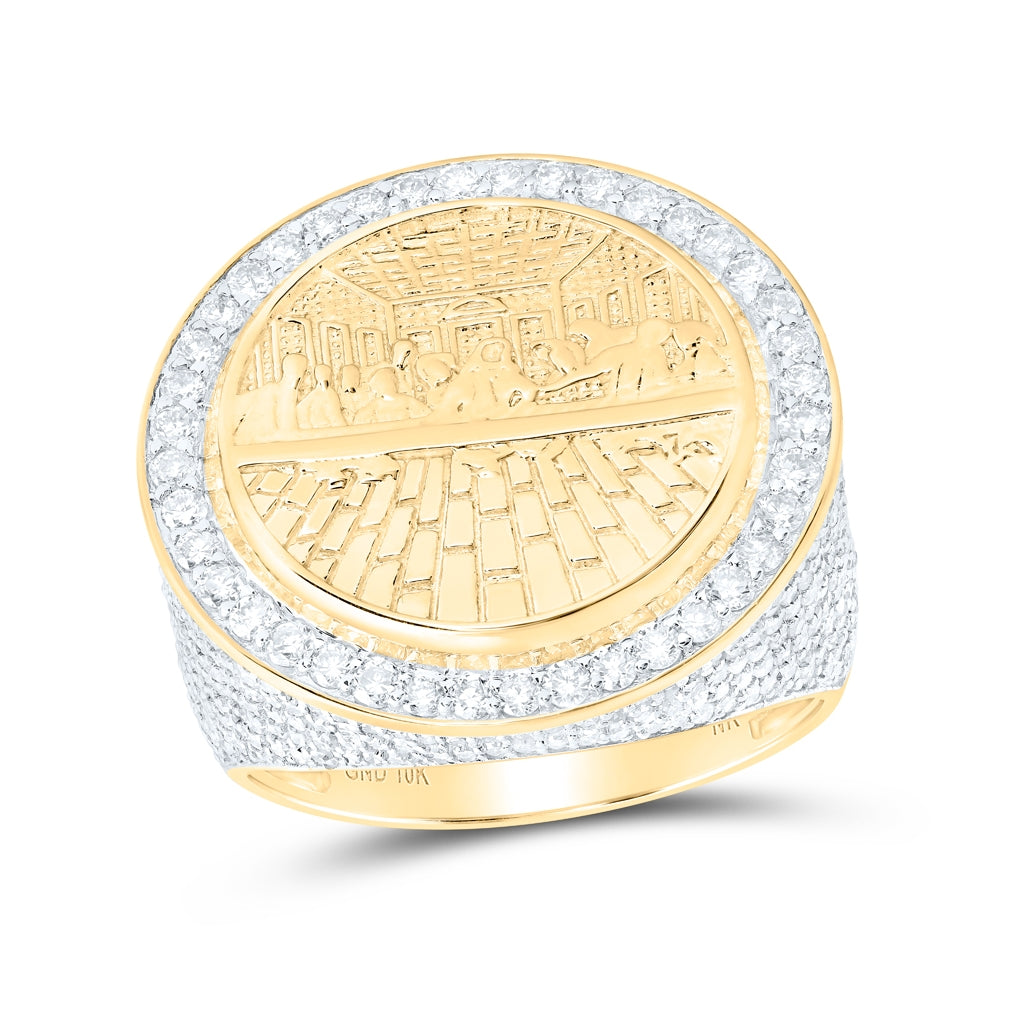 10K Yellow Gold Mens Round Diamond Last Supper Circle Ring 2-3/8 Cttw, Mens Size: 7-13