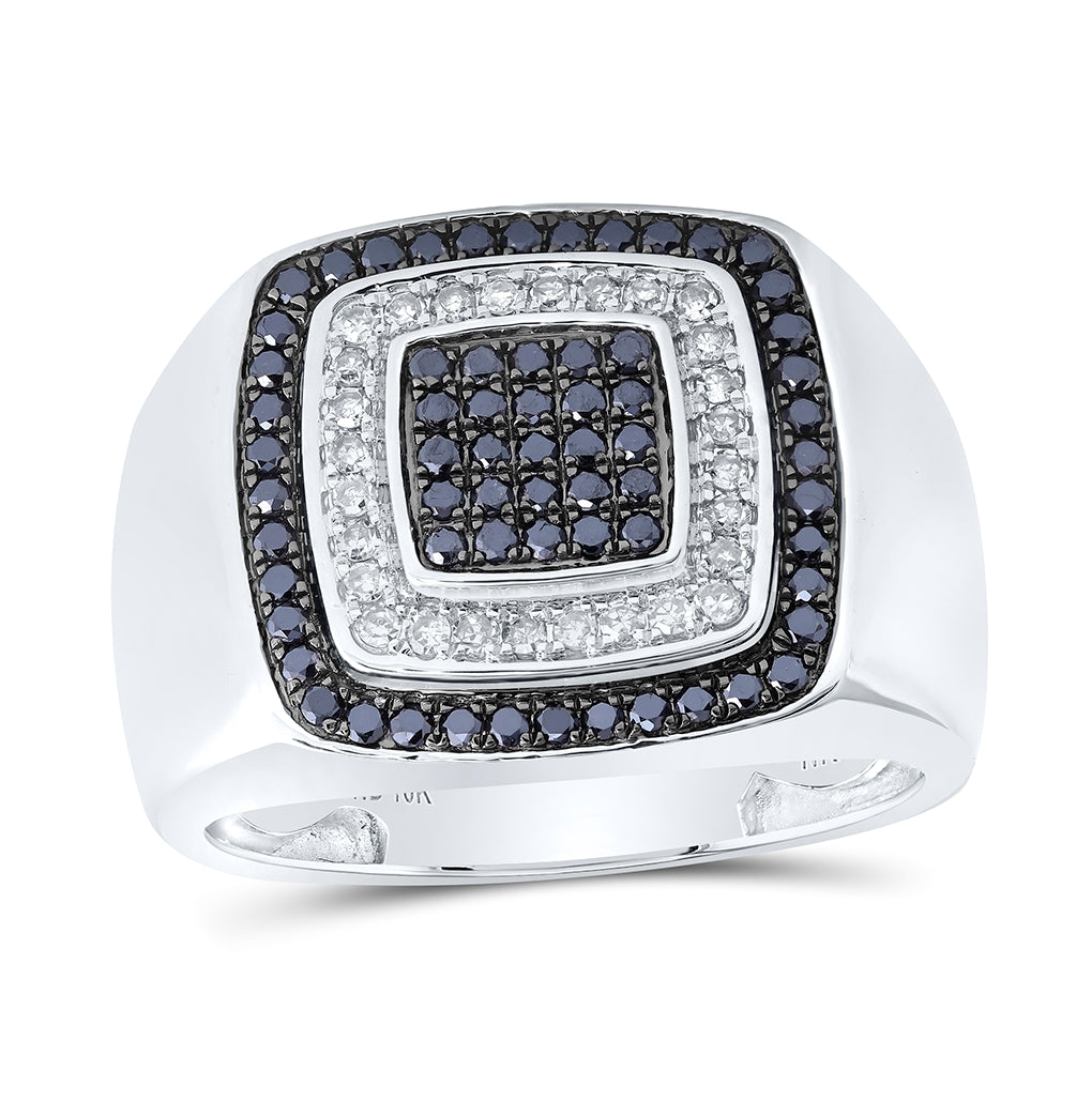 10K White Or Yellow Gold Mens Round Black Color Treated Diamond Square Ring , Mens Size: 7-13