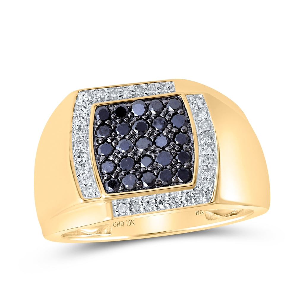 10K White Or Yellow Gold Mens Round Black Color Treated Diamond Square Ring , Mens Size: 7-13