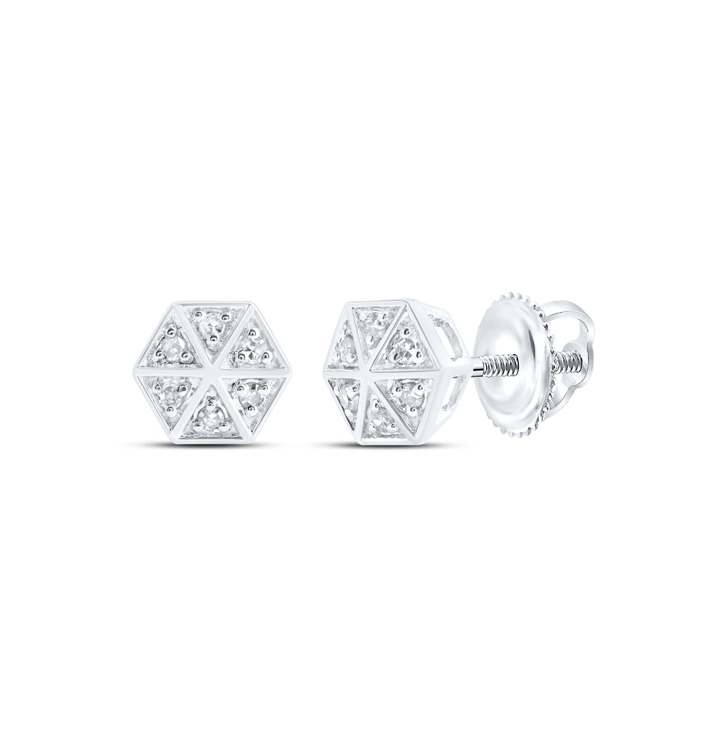 10K White Gold Womens Round Diamond Hexagon Earrings 1/10 Cttw