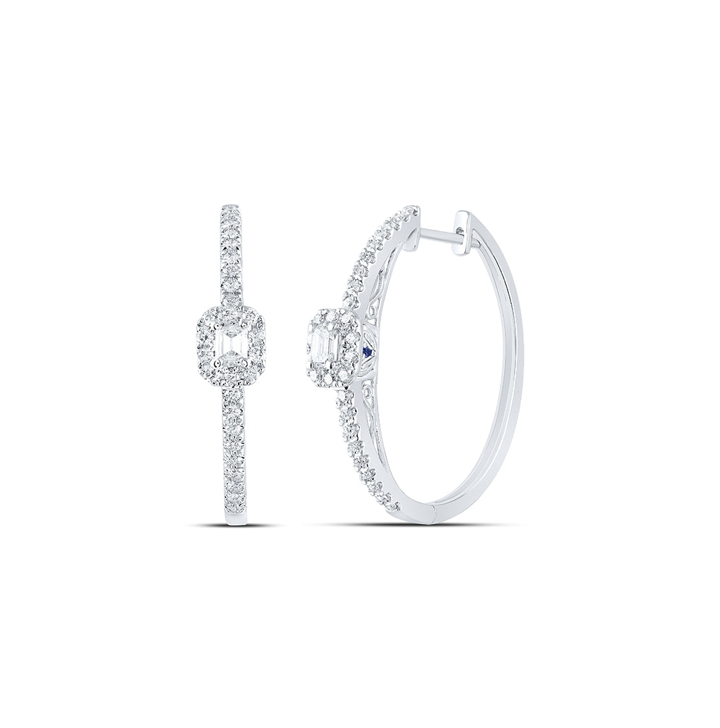 14K White Gold Womens Emerald Diamond Hoop Earrings 1 Cttw