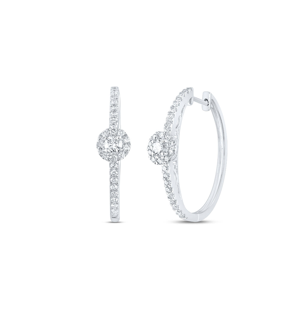 14K White Gold Womens Round Diamond Hoop Earrings 1 Cttw
