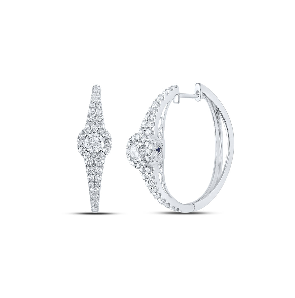 14K White Gold Womens Round Diamond Hoop Earrings 1-1/2ctw