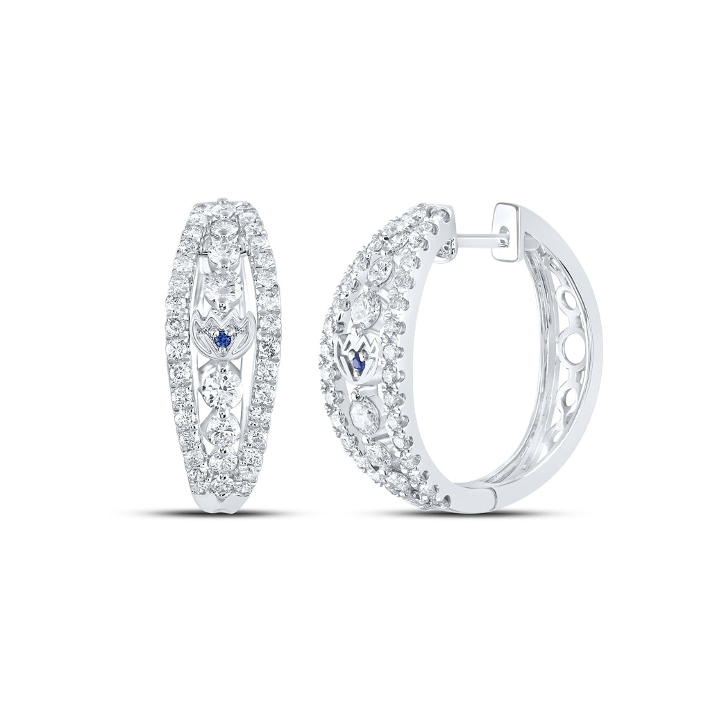 14K White Gold Womens Round Diamond Hoop Earrings 1-1/4 Cttw
