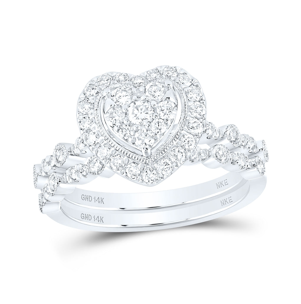 14K White Or Yellow Gold Round Diamond Heart Bridal Wedding Ring Band Set , Womens Size: 5-10