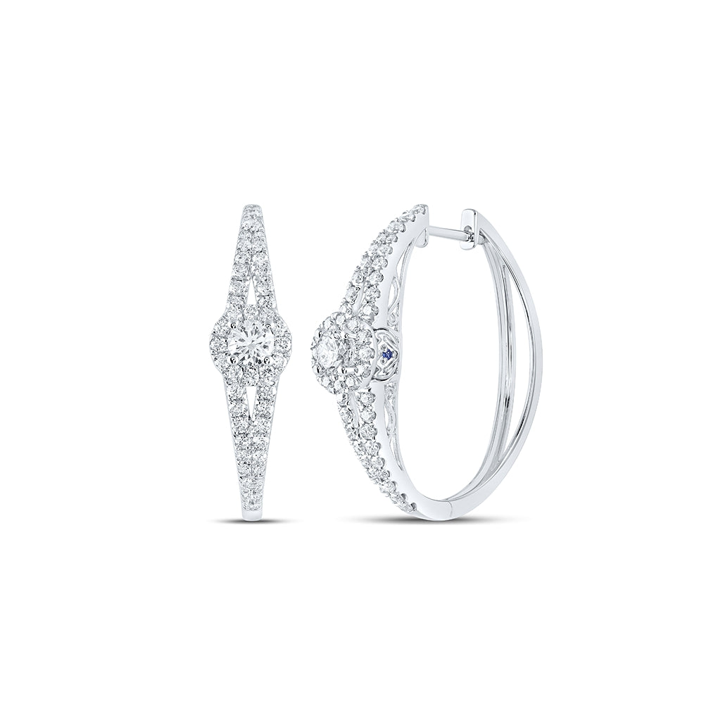 14K White Gold Womens Round Diamond Hoop Earrings 1-1/2 Cttw