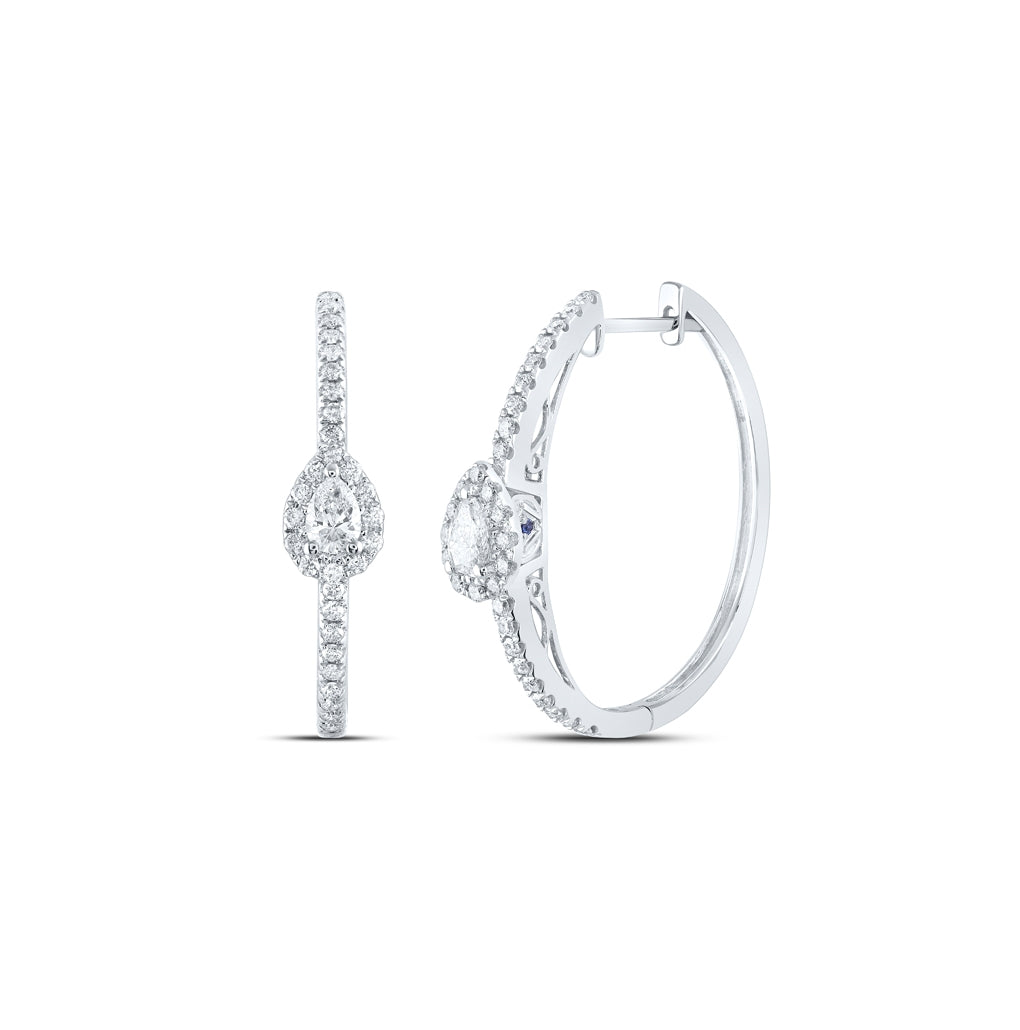 14K White Gold Womens Pear Diamond Hoop Earrings 1 Cttw