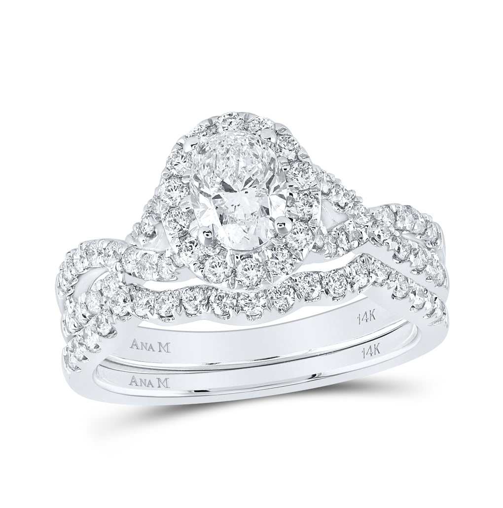 14K White Gold Oval Dia. Halo Bridal Wedding Ring Band Set 1-1/2ctw, Women's Size: 5-10
