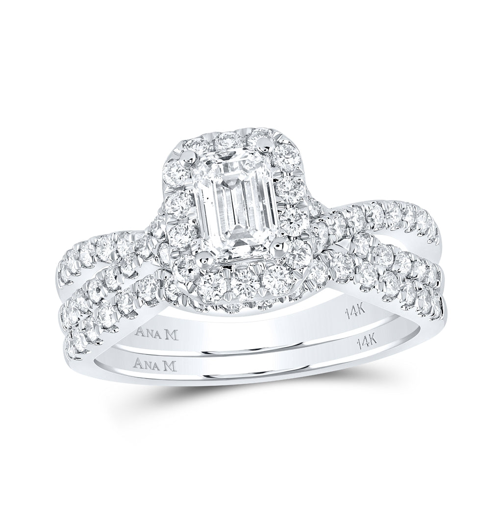 14K White Gold Emerald Dia. Halo Bridal Wedding Band Set 1-1/2ctw, Women's Size: 5-10
