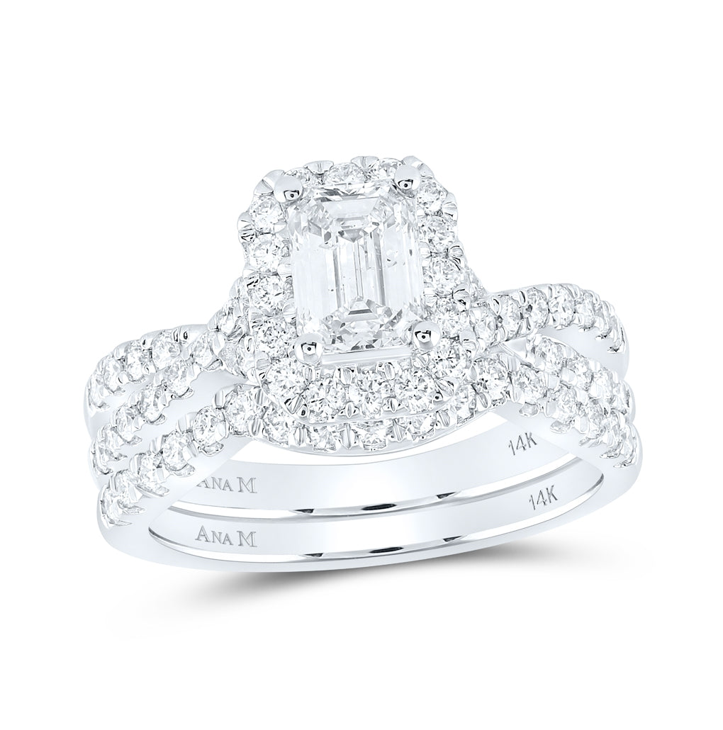 14K White Gold Emerald Dia. Halo Bridal Wedding Band Set 2ctw, Women's Size: 5-10