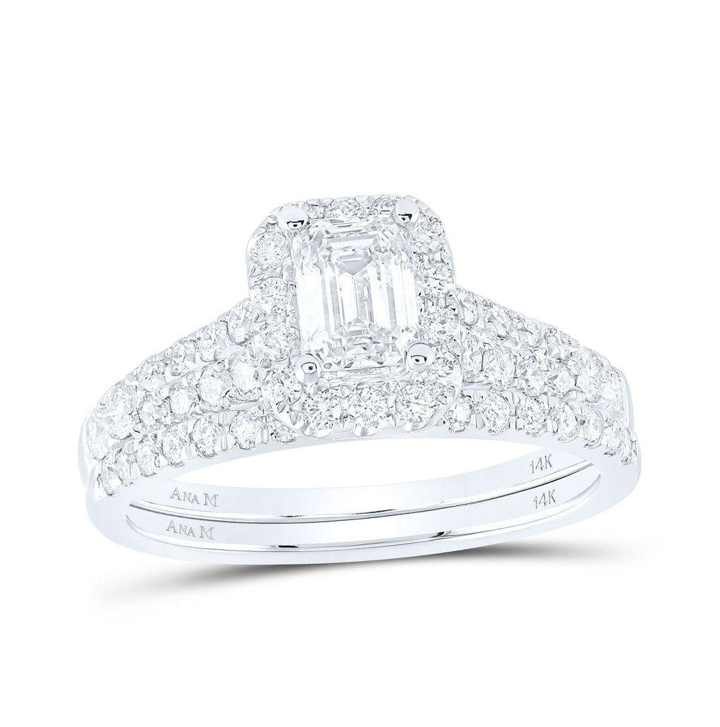 14K White Gold Emerald Diamond Halo Bridal Wedding Band Set 1-1/2ctw, Women's Size: 5-10