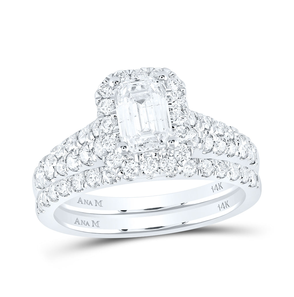 14K White Gold Emerald Diamond Halo Bridal Wedding Ring Band Set 2ctw, Womens Size: 5-10