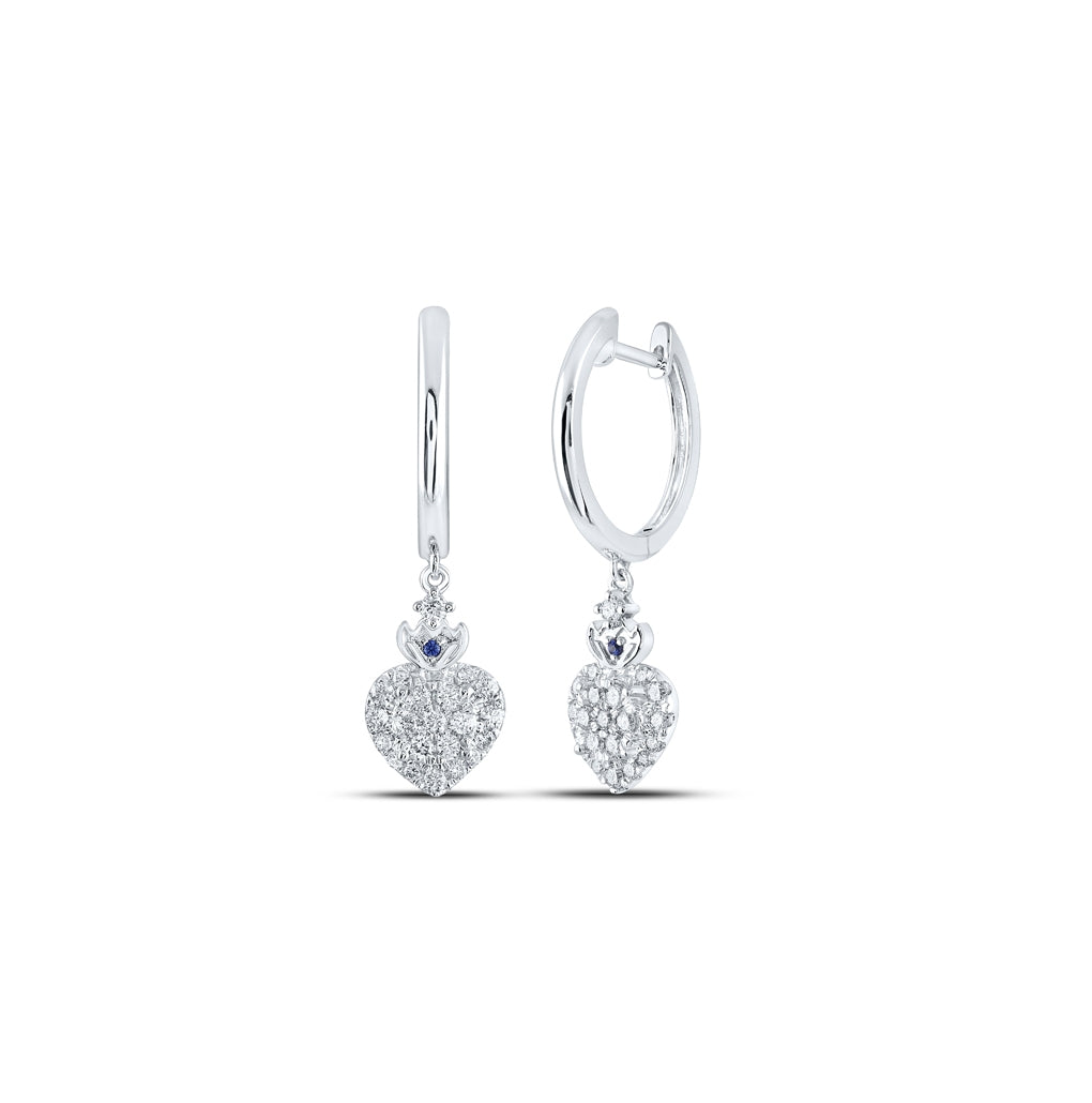 14K White Gold Women's Round Diamond Heart Hoop Dangle Earrings 1/2ctw