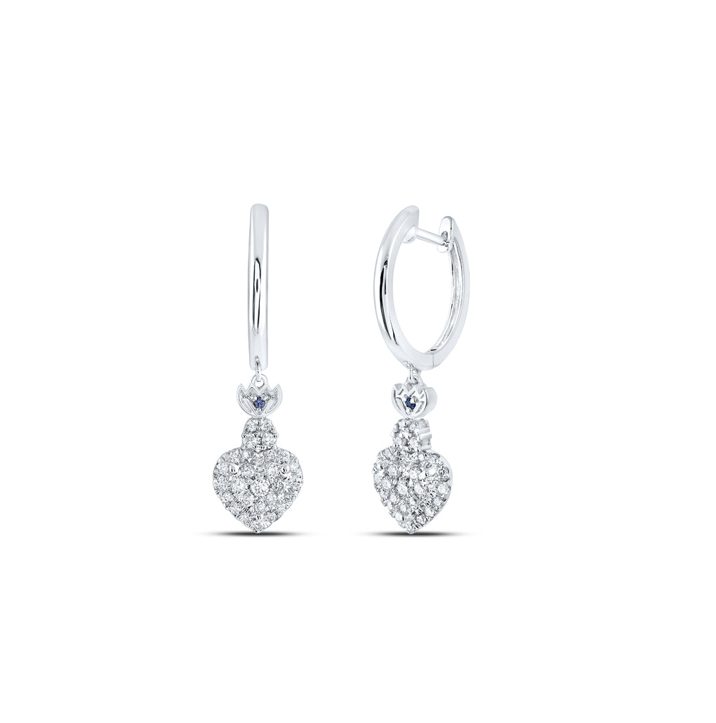 14K White Gold Womens Round Diamond Heart Hoop Dangle Earrings 1/2 Cttw