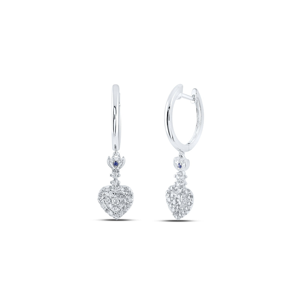 14K White Or Yellow Gold Womens Round Diamond Heart Hoop Dangle Earrings