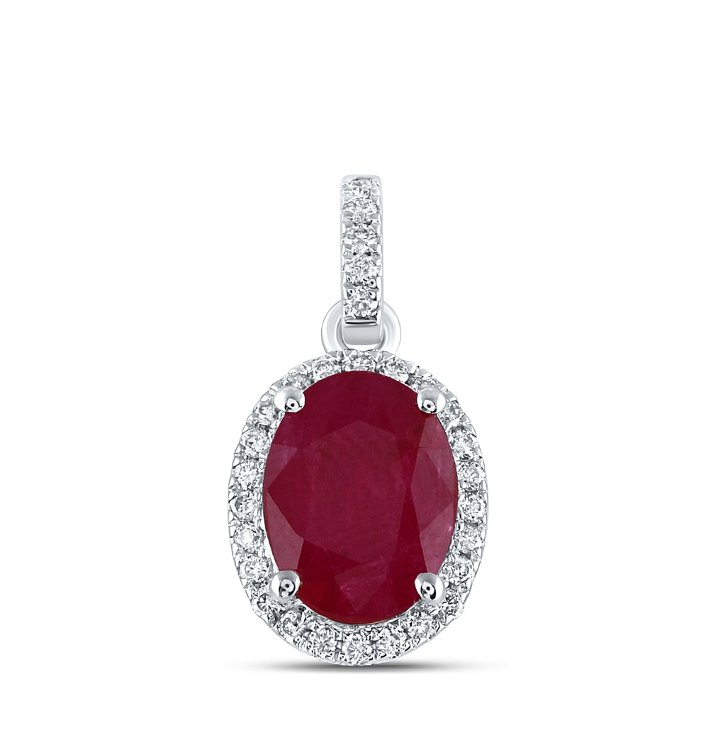 14K White Or Yellow Gold Womens Oval Ruby Solitaire Diamond Halo Pendant