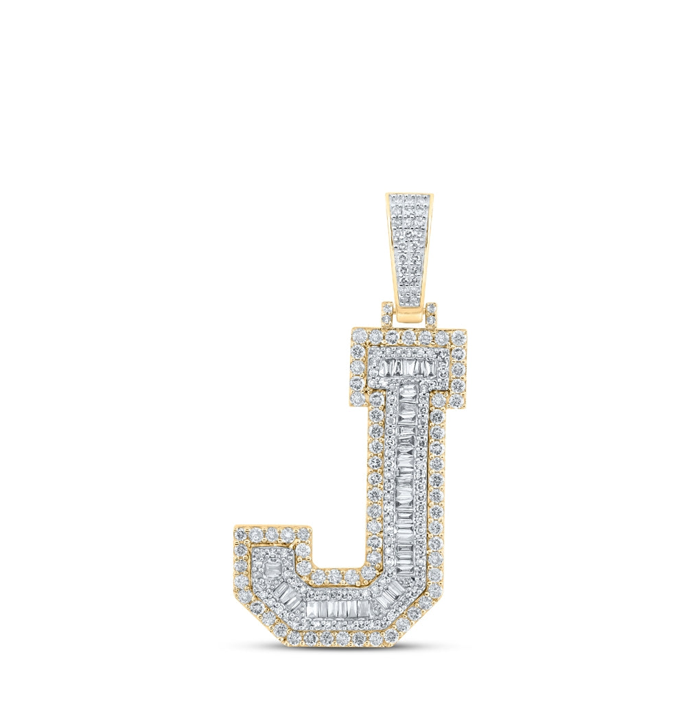 10K Yellow Gold Mens Baguette Diamond Initial Letter Charm Pendant