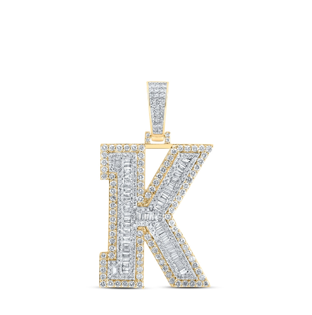 10K Yellow Gold Mens Baguette Diamond Initial Letter Charm Pendant