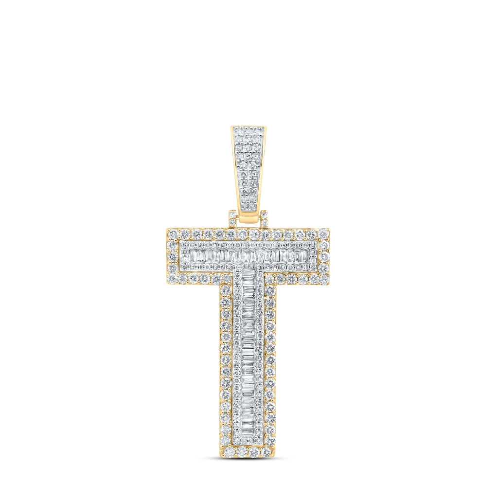 10K Yellow Gold Mens Baguette Diamond Initial Letter Charm Pendant